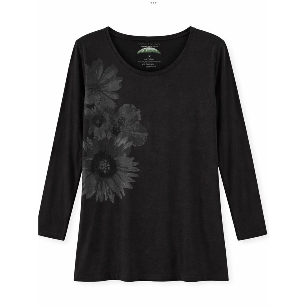 Earth Yoga Womens Black Floral Graphic 3/4 Sleeve‎ Bamboo Cotton Blend Top Large